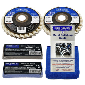 Metal polishing kit with flap discs, compounds, and a guide on a white background
