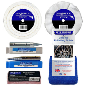 Collection of Pro-Max chrome polishing tools and accessories on a white background