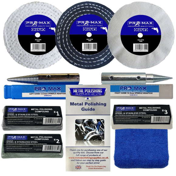 Collection of Pro-Max metal polishing products including discs, adapter, guide, and compounds on a white background.