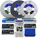 Collection of Pro-Max metal polishing products including discs, adapters, and compounds on a white background.