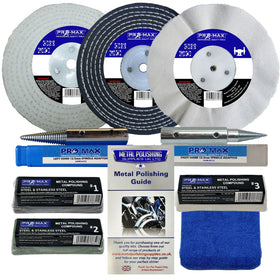 Collection of Pro-Max metal polishing products including discs, adapters, and compounds on a white background.