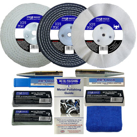 Collection of Pro-Max metal polishing products including discs, tools, and guide on a white background.