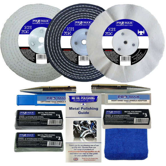 Collection of Pro-Max metal polishing products including discs, tools, and guide on a white background.