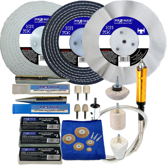 Collection of Pro-Max polishing wheels, buffs, and accessories on a white background