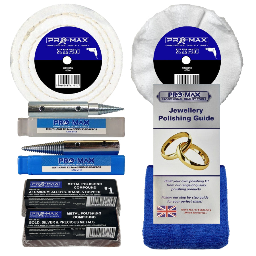 Pro-Max jewellery polishing kit with various tools and a guide on a white background