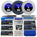 Collection of Pro-Max metal polishing products including discs, adapters, and compounds on a white background.