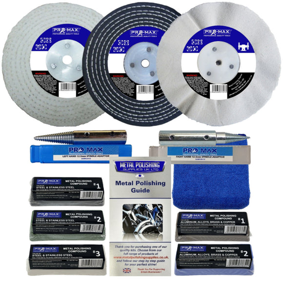 Collection of Pro-Max metal polishing products including discs, pads, and guide on a white background.