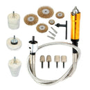 A collection of Pro-Max Bench Grinder / Drill Flexi Drive Accessory Kit including a flexible drive shaft, various wire wheels, polishing felts, and mounted polishing buffs.