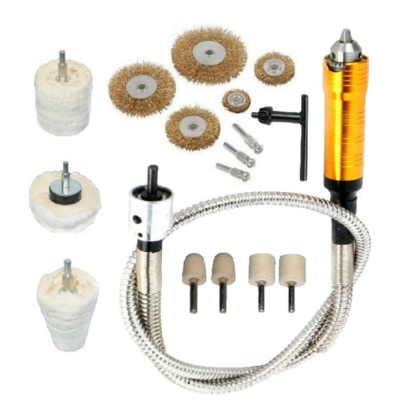 A collection of Pro-Max Bench Grinder / Drill Flexi Drive Accessory Kit including a flexible drive shaft, various wire wheels, polishing felts, and mounted polishing buffs.