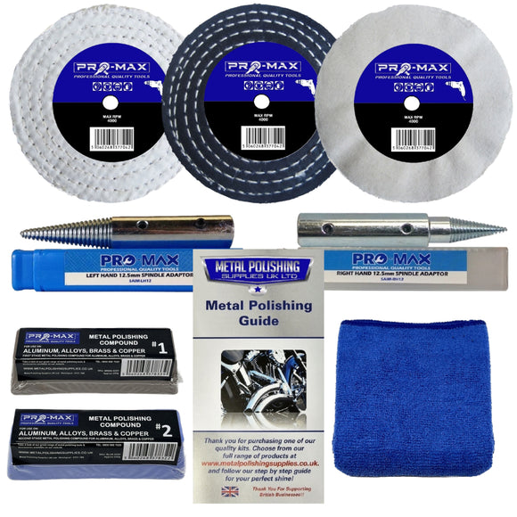 Collection of metal polishing tools and accessories including wheels, adaptors, and a guide on a white background.