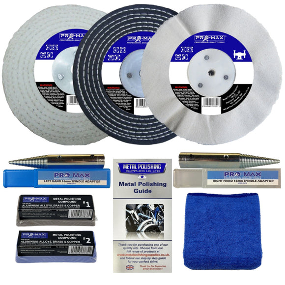 Collection of metal polishing products including discs, compounds, and accessories on a white background.