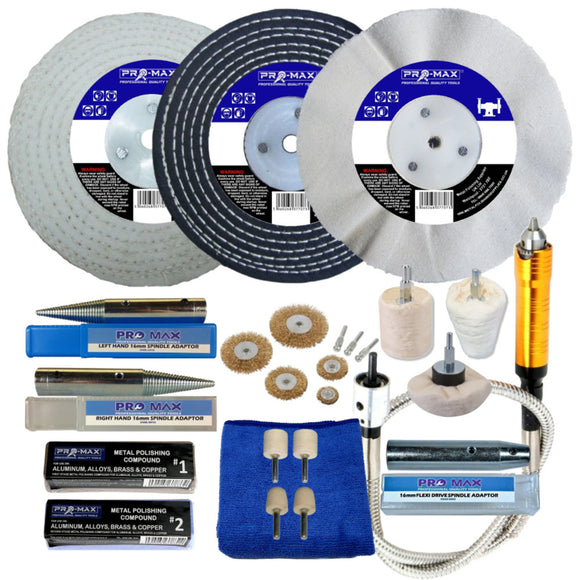 Collection of Pro-Max diamond wheel polisher parts and accessories on a white background