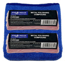 Two packs of Pro-Max metal polishing compound on blue cloths with labels.