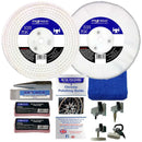 Car care product set with polishing pads, compound, and guide on a white background