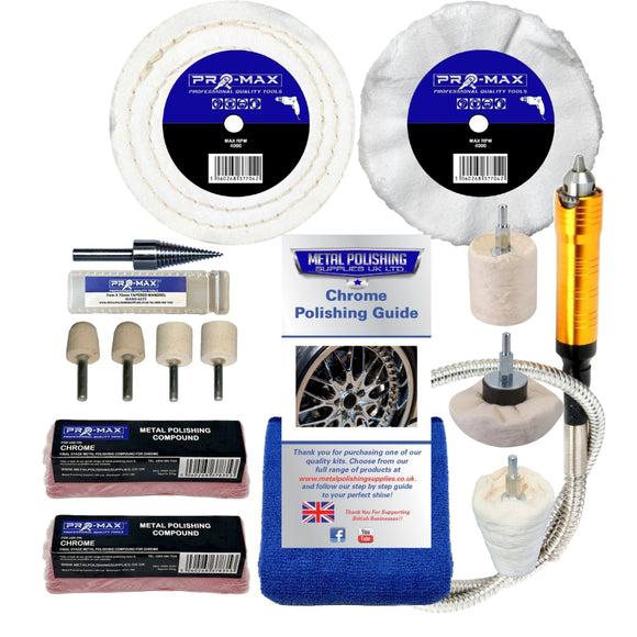 Collection of Pro-Max chrome polishing products including buffers, compounds, and a guide on a white background.