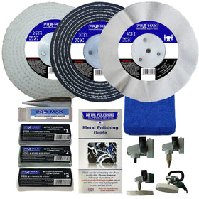 Collection of metal polishing tools and supplies including discs, compounds, and a guide on a white background.