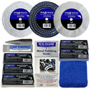 Collection of Pro-Max metal polishing products including discs, compounds, and a guide.
