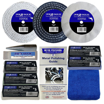 Collection of Pro-Max metal polishing products including discs, compounds, and a guide.