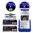 Collection of Pro-Max metal polishing products including discs, compounds, and a guide on a white background.