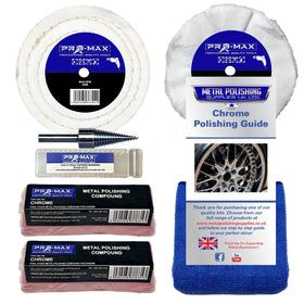 Collection of Pro-Max metal polishing products including a roll of paper, compounds, and a guide on a white background.