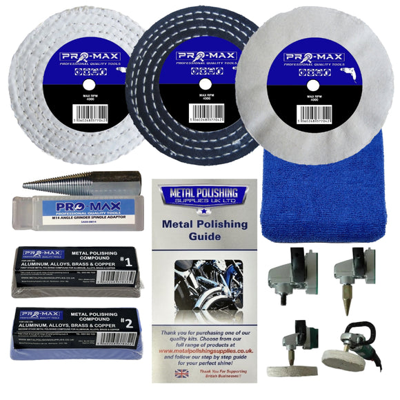 Collection of Pro-Max metal polishing tools and accessories on a white background