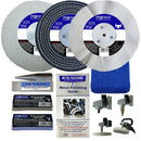 Collection of metal polishing products including discs, a guide, and tools on a white background.