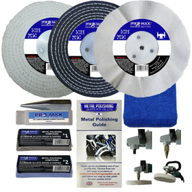 Collection of metal polishing products including discs, a guide, and tools on a white background.