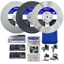 Collection of metal polishing products including discs, a guide, and tools on a white background.