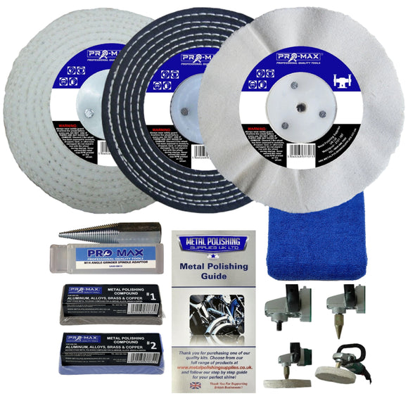 Collection of metal polishing products including discs, a guide, and tools on a white background.