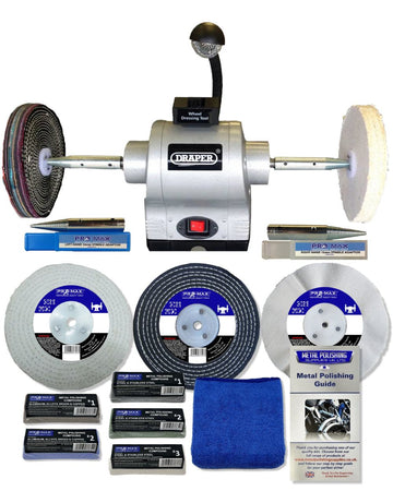 Draper 8" 550W Bench Grinder Polisher With Pro-Max 8" Metal Polishing Kit