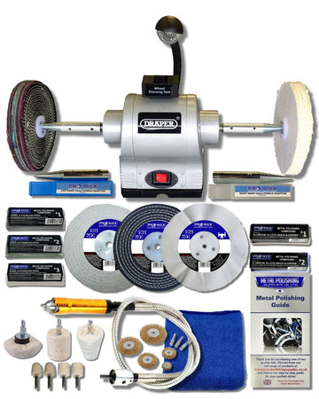 Draper 8" 550W Bench Grinder Polisher With Pro-Max 8" Deluxe Metal Polishing Kit
