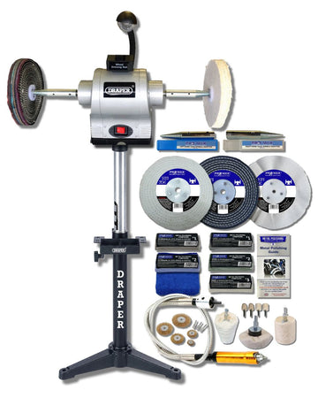 Draper Bench Grinder Metal Polisher 550w With Stand & 8" Deluxe Metal Polishing Kit