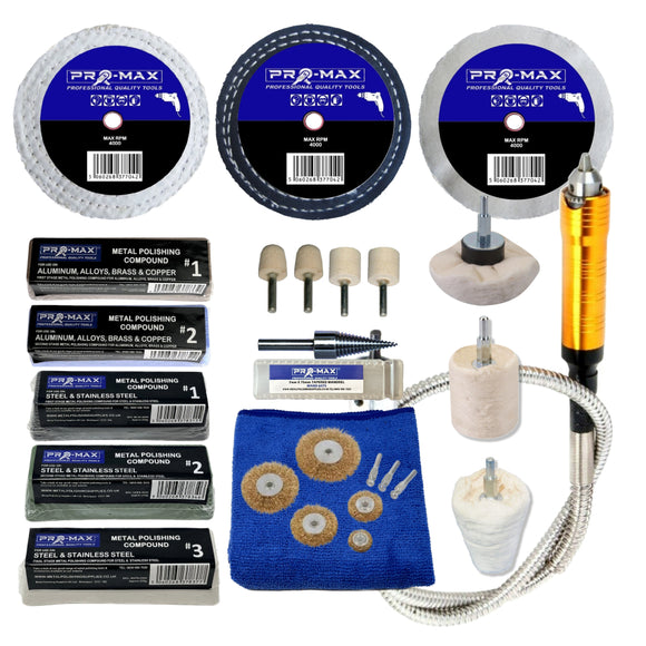Collection of Pro-Max polishing tools and accessories on a white background