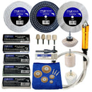 Polishing kit with discs, buffing machine, and accessories on a white background