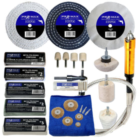 Polishing kit with discs, buffing machine, and accessories on a white background