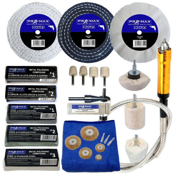 Polishing kit with discs, buffing machine, and accessories on a white background