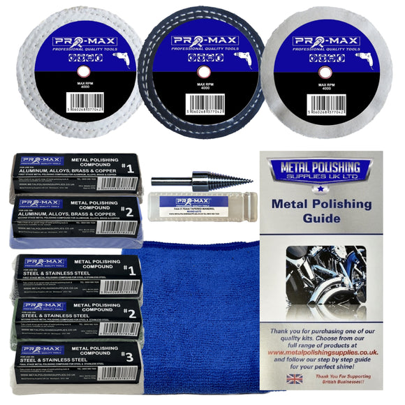 Metal polishing kit with discs, compounds, a cloth, and a guide on a white background