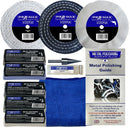 Metal polishing kit with discs, compounds, a cloth, and a guide on a white background