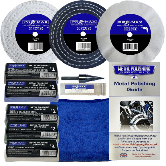 Metal polishing kit with discs, compounds, a cloth, and a guide on a white background