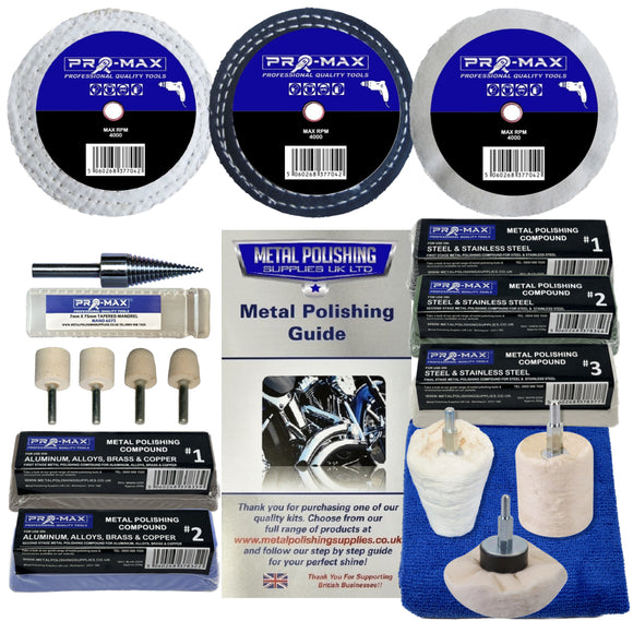 Collection of Pro-Max metal polishing tools and accessories on a white background