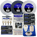 Metal polishing kit with various tools and a guide on a white background