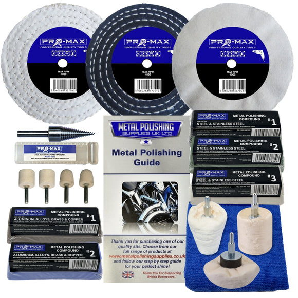 Metal polishing kit with various tools and a guide on a white background