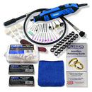Jewellery polishing kit with tools and accessories on a white background