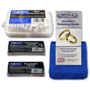 Jewellery polishing kit with felt bob set, metal polishing compounds, and guide on a white background
