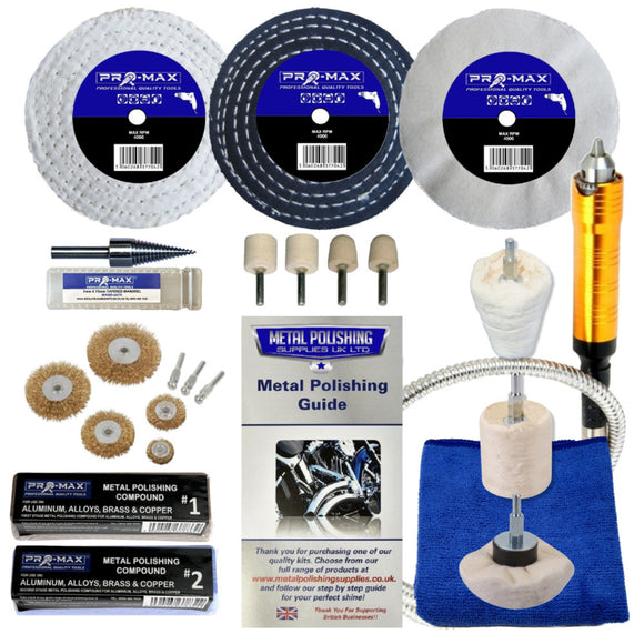 Metal polishing kit with various tools and a guide on a blue background
