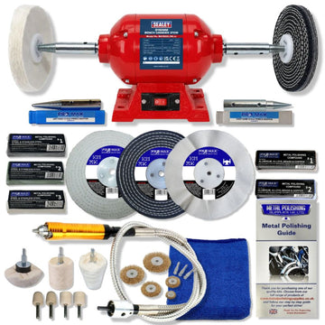 Sealey 6" 370W Bench Grinder Polisher & Pro-Max 6" Deluxe Metal Polishing Kit