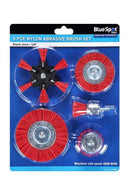 Abrasive Nylon Brush 5-piece set with red abrasive nylon bristles, black hubs and assorted cup, wheel and end brushes