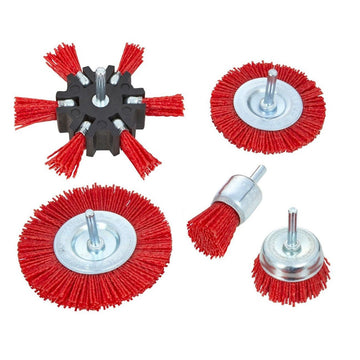Abrasive Nylon Brush 5-piece set with red abrasive bristles and silver metal shanks in varied shapes and sizes