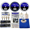 Metal polishing kit with three stitched buffing wheels, felt bobs, polishing compounds, guide and blue microfibre cloth