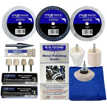 Metal polishing kit with three stitched buffing wheels, felt bobs, polishing compounds, guide and blue microfibre cloth